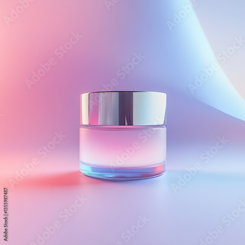 glass jar of face cream with a frosted finish, metallic silver lid, soft pastel background, luxurious and simple composition