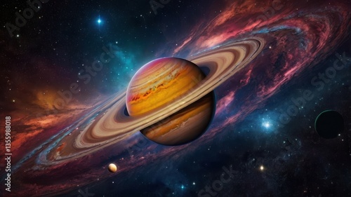 Bright and colorful planets with shining stars in a spinning galaxy.
Fantasy space scene with glowing lights and cosmic colors.