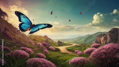 Magical world with a butterfly flying in a dreamy landscape.
Colorful fantasy scene with soft lights and nature.