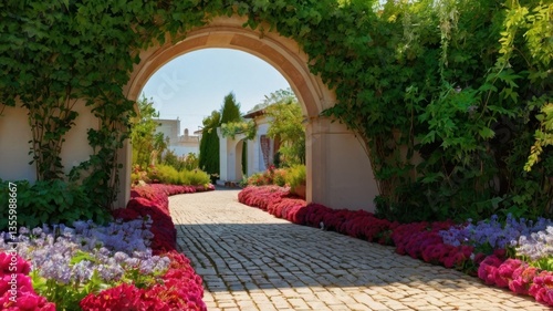 A walking path under a lovely arch made of flowers and green plants.
Peaceful garden trail surrounded by nature.