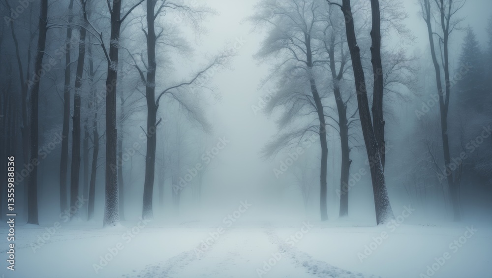 Naklejka premium A snowy landscape featuring bare trees blanketed in fresh snow, with a cloudy sky and faint outlines of distant trees or bushes. A serene and tranquil moment in nature.