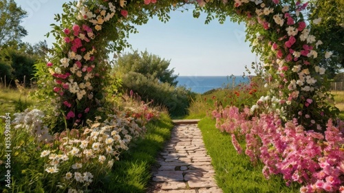 A walking path under a lovely arch made of flowers and green plants.
Peaceful garden trail surrounded by nature.