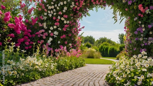 A walking path under a lovely arch made of flowers and green plants.
Peaceful garden trail surrounded by nature.