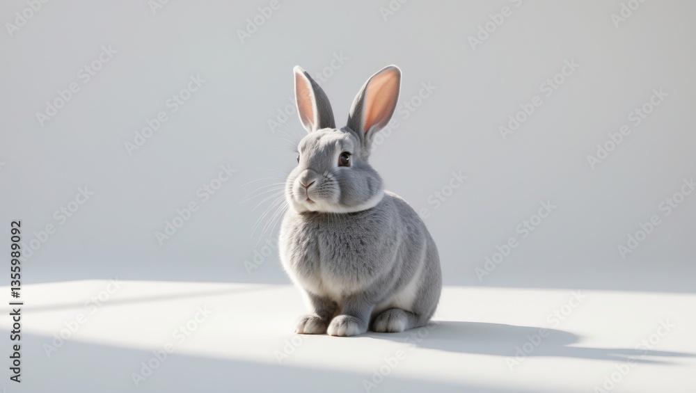 Obraz premium Cute gray rabbit resting on a white background.