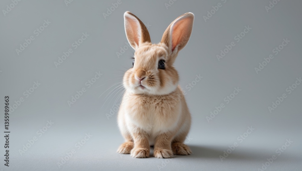 Obraz premium Adorable baby rabbit bunnies gazing at something while playfully sitting against a plain background. Lovely furry bunny with playful ears and copy space.
