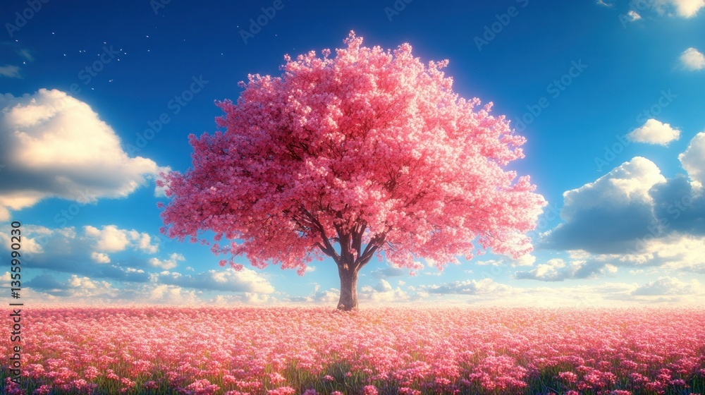 Pink blossom tree in a field of flowers under a vivid sky Pink blossom tree in a field of flowers under a vivid sky