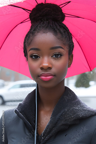Young woman with pink umbrella, and winter city.