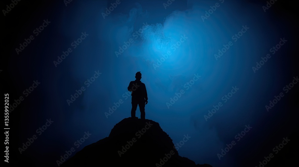 A person silhouettes on a rocky summit gazing into the distance as twilight descends enveloping the surroundings in a mystical blue hue A person silhouettes on a rocky summit gazing into the distance as twilight descends enveloping the surroundings in a mystical blue hue