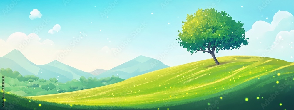 Lonely Tree on a Rolling Green Hill Under a Sunny Sky Lonely Tree on a Rolling Green Hill Under a Sunny Sky