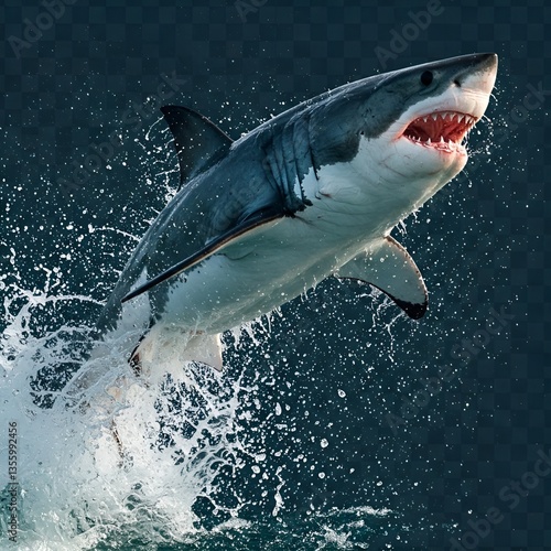 Dynamic shark jumping out of water with splash effect, PNG style transparent background for ocean and marine life designs