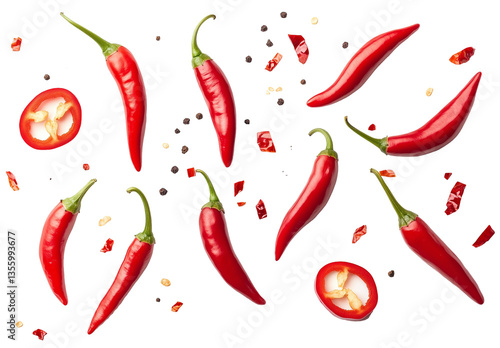 Red Chili Peppers and Slices Isolated on Transparent Background