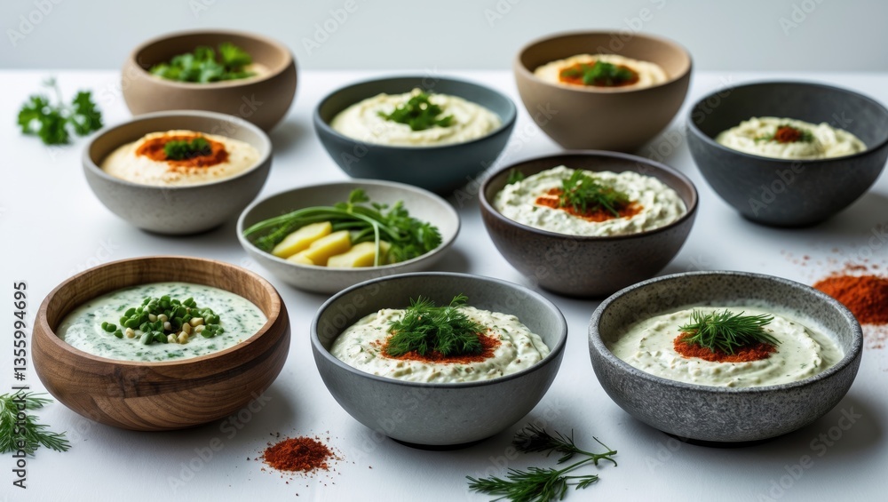 Bowls of delicious sour cream with herbs set against a white background. Bowls of delicious sour cream with herbs set against a white background.