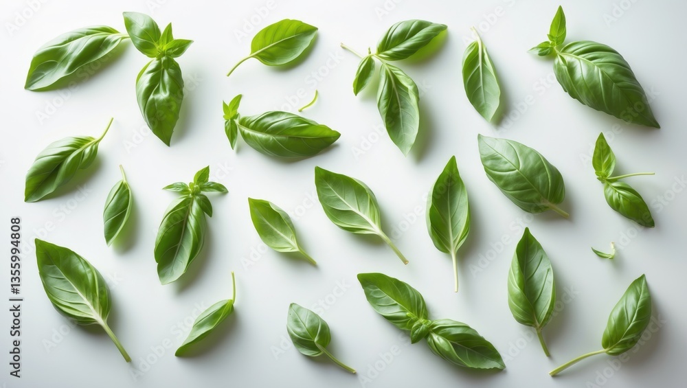 Naklejka premium Basil leaves separated against a white backdrop. Assortment of basil green fresh leaves in various positions. Healthy eating, aromatic herb, food component, spice for cooking.