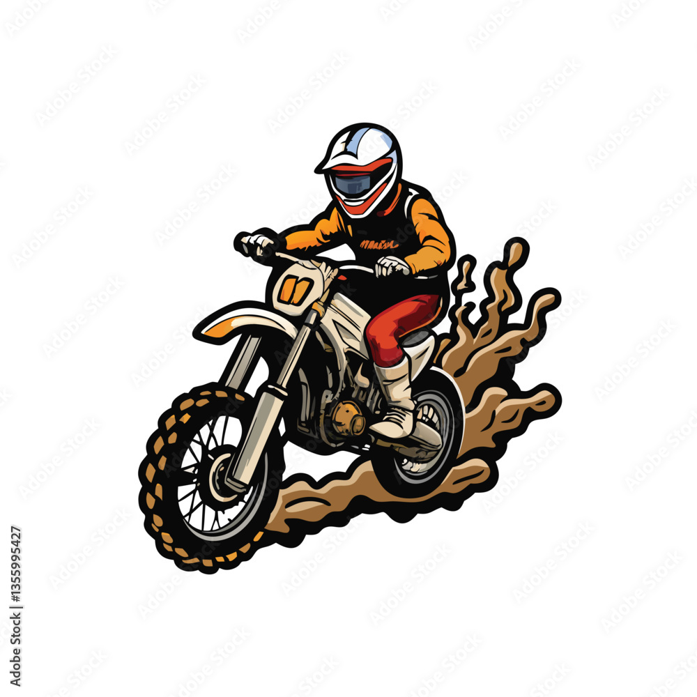 Create a vector illustration of a motocross rider mid-air, showcasing dynamic movement and detailed gear. Include realistic dirt bike and track elements. Create a vector illustration of a motocross rider mid-air, showcasing dynamic movement and detailed gear. Include realistic dirt bike and track elements.