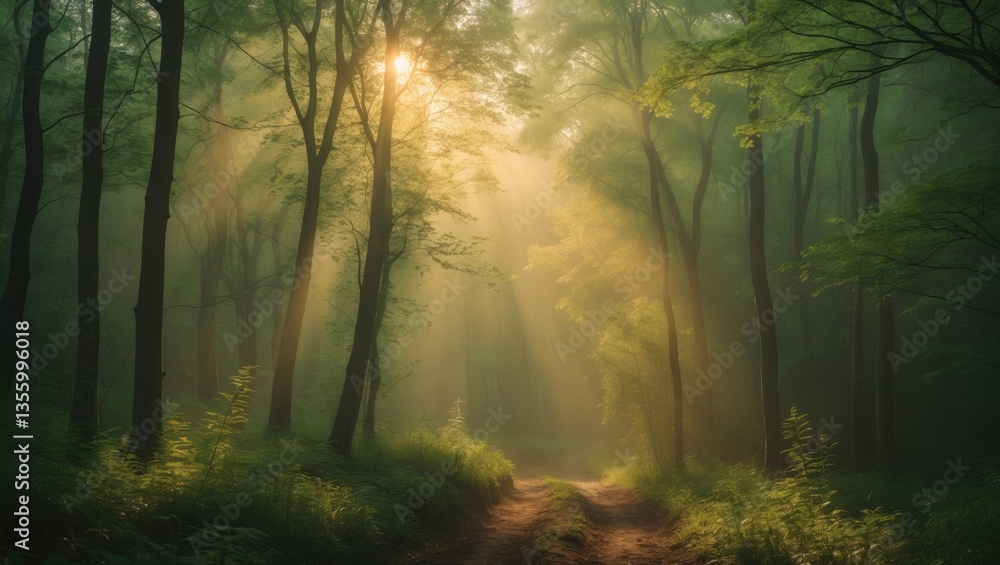 Beams of sunlight shine through tall leafy trees and create a captivating moment in the woodland. A gentle mist hangs in the air and enhances the tranquility and peace of nature. Beams of sunlight shine through tall leafy trees and create a captivating moment in the woodland. A gentle mist hangs in the air and enhances the tranquility and peace of nature.