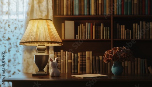 Wallpaper Mural Cozy Home Office Desk with Vintage Lamp and Bookshelf, Study Room Interior Design Torontodigital.ca