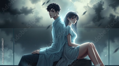A couple sits back to back emanating a mystical glow surrounded by dark swirling clouds as evening approaches conveying themes of connection and mystery