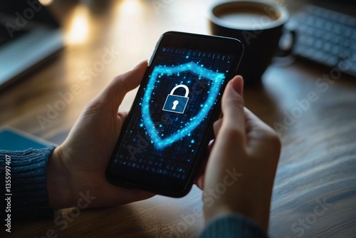 Hands holding phone displaying digital shield and lock.