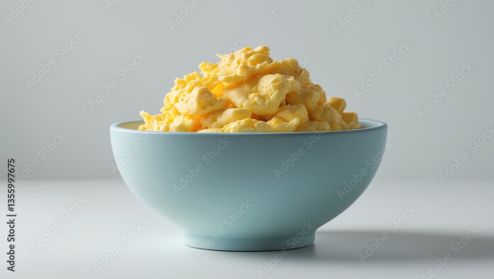Bowl of delicious scrambled eggs on light background Bowl of delicious scrambled eggs on light background