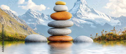 Zen stones with mountain lake.