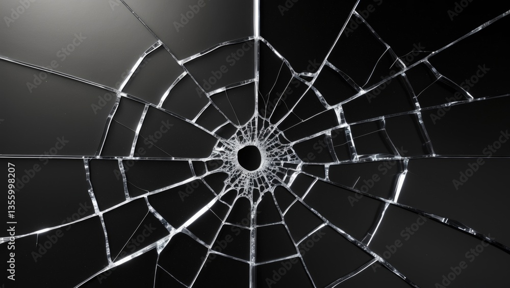 Fototapeta premium Broken glass resembling a spider web or bullet hole in door photography, black and white isolated backdrop.