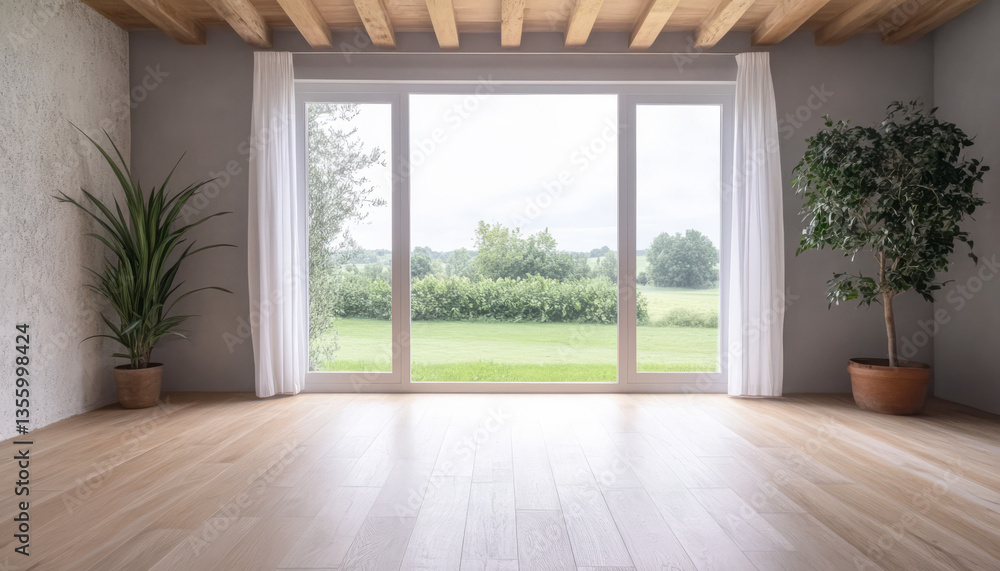 Fototapeta premium Modern minimalist interior with large window showcasing greenery outside