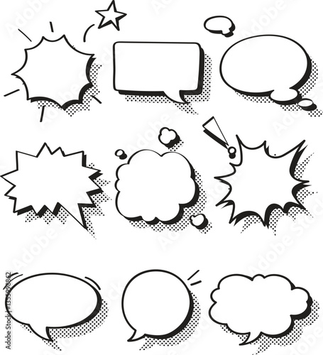 Set of retro-style empty comic speech bubbles with bold halftone shadow effects. Vintage pop art design elements perfect for illustrations, posters, or graphic novels – vector stock illustration.
