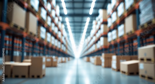 Blurred backdrop of a spacious indoor warehouse featuring high racks filled with products for supply chain procurement logistics operations and e-commerce distribution channel value chain concept. photo