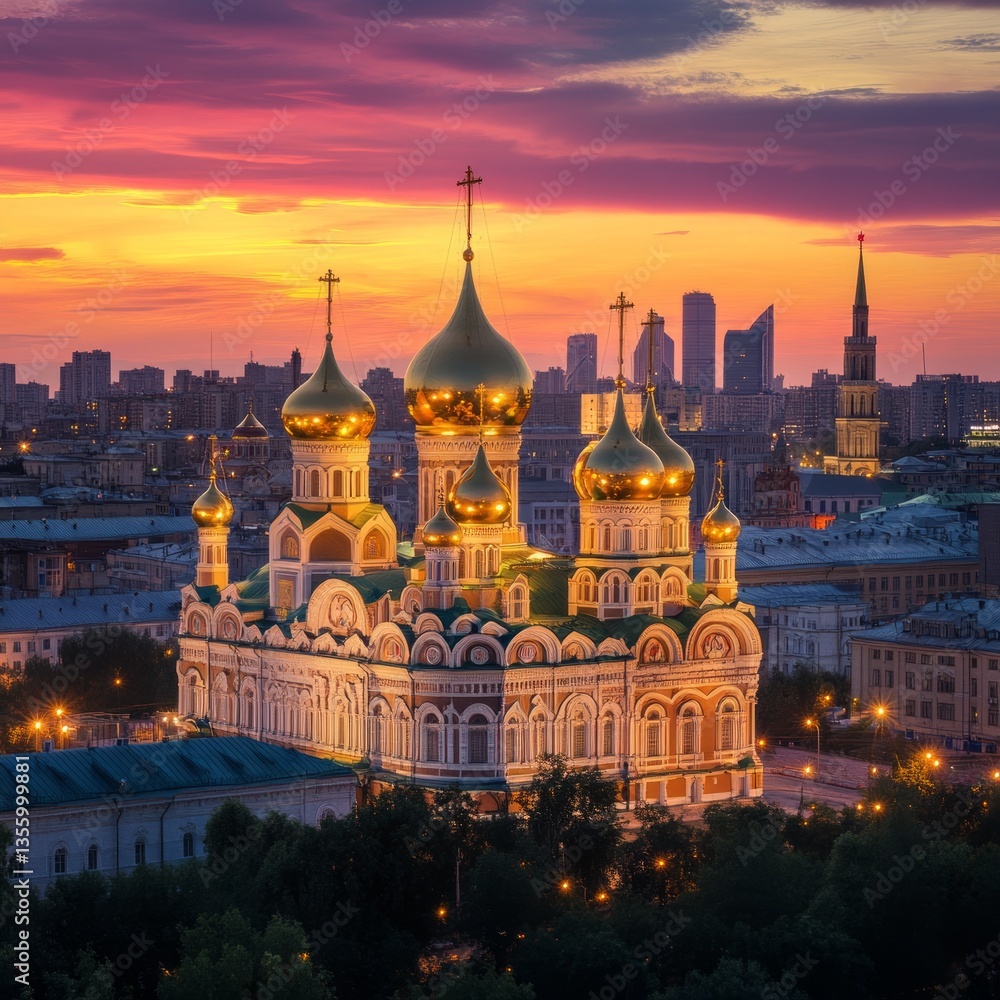 Fototapeta premium golden domes of a large cathedral rising above a bustling city, modern and historic blend, vibrant sunset lighting, dynamic and picturesque