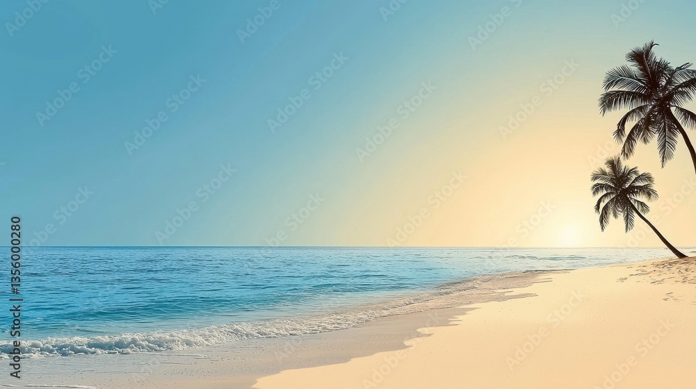 Obraz premium Tranquil Sunset Beach Scene Calm Ocean Waves, Palm Trees Silhouette