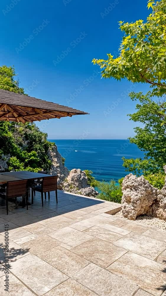 Serene coastal view from a terrace with dining area overlooking the azure sea and lush greenery
