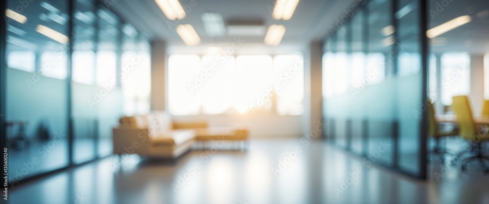 Fototapeta premium Blurred vacant open space office. Abstract light bokeh in the interior background.