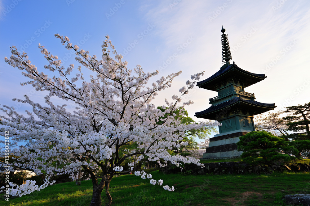 An enchanting view of Hokkaido cherry blossoms at dawn, with early morning light casting soft shadows on the delicate flowers. A traditional Japanese pagoda stands tall in the distance, surrounded An enchanting view of Hokkaido cherry blossoms at dawn, with early morning light casting soft shadows on the delicate flowers. A traditional Japanese pagoda stands tall in the distance, surrounded