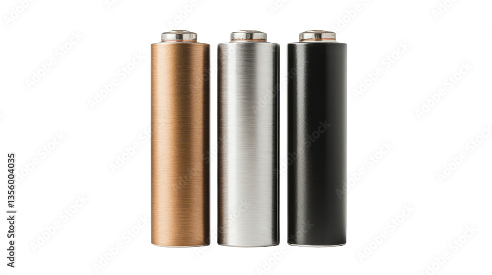 three batteries in different colors, arranged vertically, with a metallic appearance. isolated on transparent background three batteries in different colors, arranged vertically, with a metallic appearance. isolated on transparent background