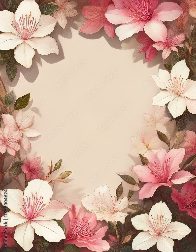 Naklejka premium 白色とピンク色のつつじの花のフレーム背景素材。テキストスペースあり。AIで生成