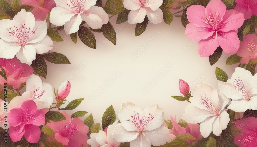 Fototapeta premium 白色とピンク色のつつじの花のフレーム背景素材。テキストスペースあり。AIで生成