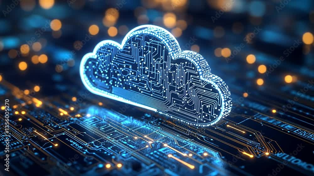 Cloud Computing Concept with Circuit Board Connections and Data Flowing Technology Cloud Computing Concept with Circuit Board Connections and Data Flowing Technology