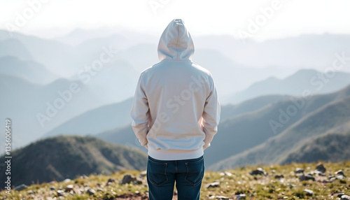 Wallpaper Mural Back View Hoodie Mockup, Serene mountain landscape photorealistic white hoodie back view. Copy Space Torontodigital.ca