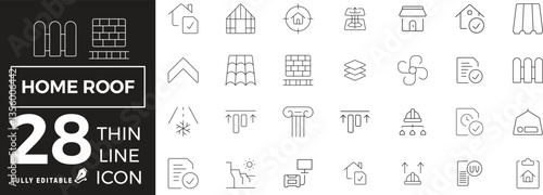 Home Roof Icon set of web and mobile in thin line style. Roof Icons & Symbols Containing roof tile, vector, sheet metal, design, outline, protection and more