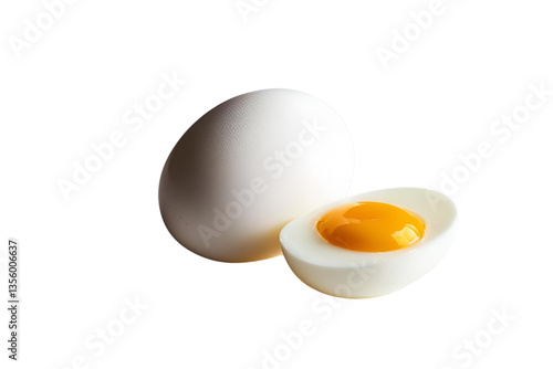 whole and halved egg, yolk visible, white background, isolated, no background
