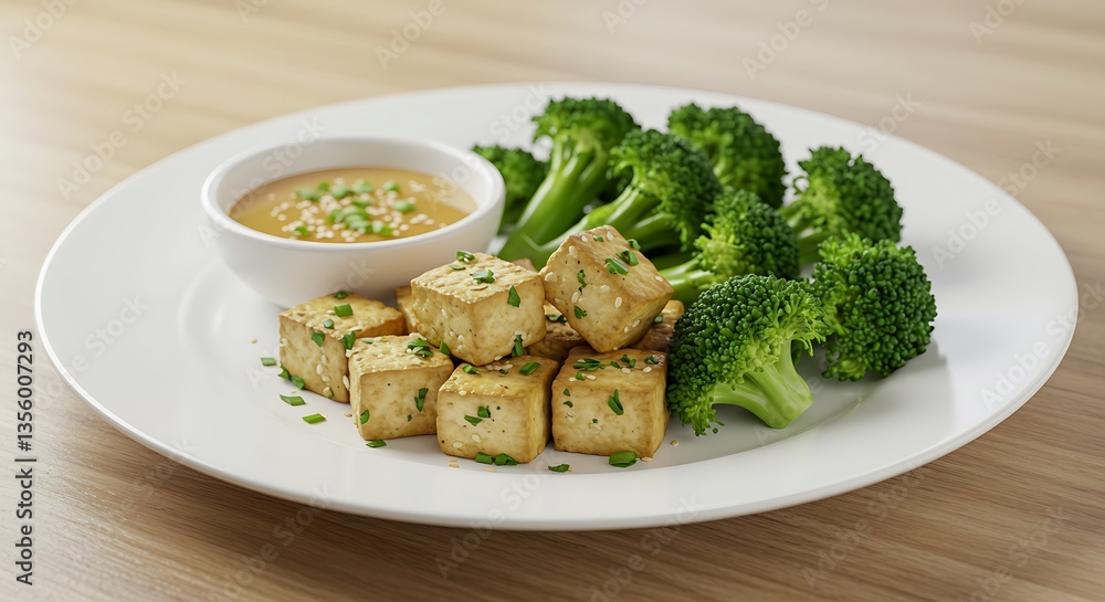 Golden Tofu Cubes with Steamed Broccoli and Sesame Sauce: A Vibrant Culinary Delight Golden Tofu Cubes with Steamed Broccoli and Sesame Sauce: A Vibrant Culinary Delight