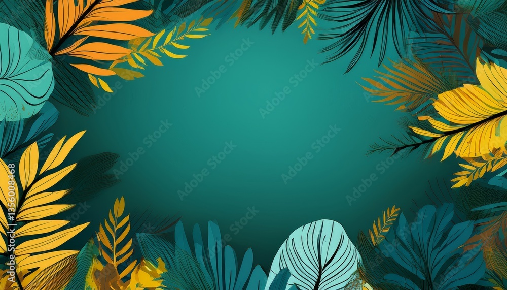 Hello Summer concept design with abstract illustrations on a background of exotic forest leaves Hello Summer concept design with abstract illustrations on a background of exotic forest leaves