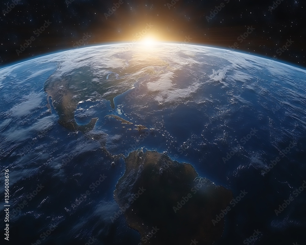 A realistic visualization of planet earth during sunset from space A realistic visualization of planet earth during sunset from space