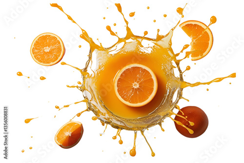 orange juice splash, orange slices, white background, isolated, no background