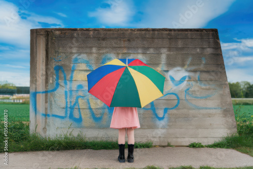 Standing girl with multicolored umbrella in front of a concrete wall