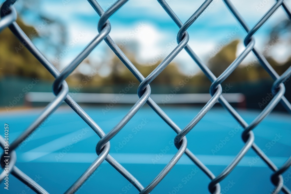 Close-up of a chain link fence, blurred blue tennis court in the background. Symbolize restriction, security, or a barrier, use for sport concept. Close-up of a chain link fence, blurred blue tennis court in the background. Symbolize restriction, security, or a barrier, use for sport concept.