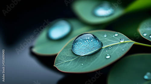 Closeup of Dew Drops on Eucalyptus Leaves