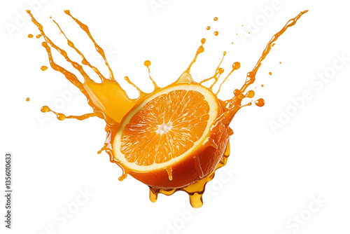 orange juice splash, orange half, white background, isolated, no background