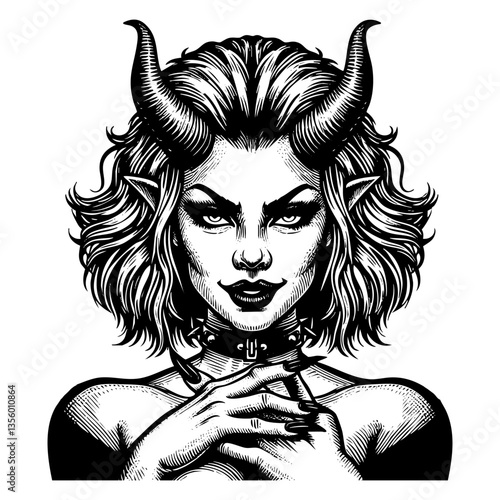 Woman devil engraving black and white outline. Scratch board imitation.  illustrated in vintage line art style on a white background.