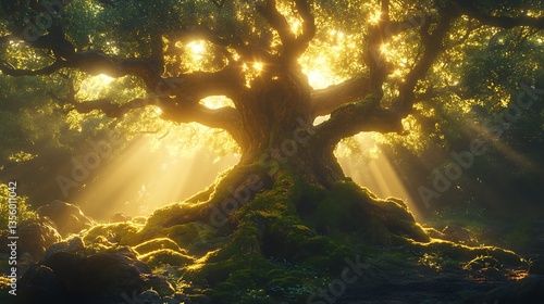 Towering ancient trees with massive, twisting roots, their bark covered in glowing moss, deep within an untouched mystical forest. Sunbeams pierce through the dense canopy, illuminating the sacred,